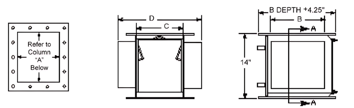Specification drawing of the Chute Magnetic Separator flow opening dimensions, weight, and associated flow rate.