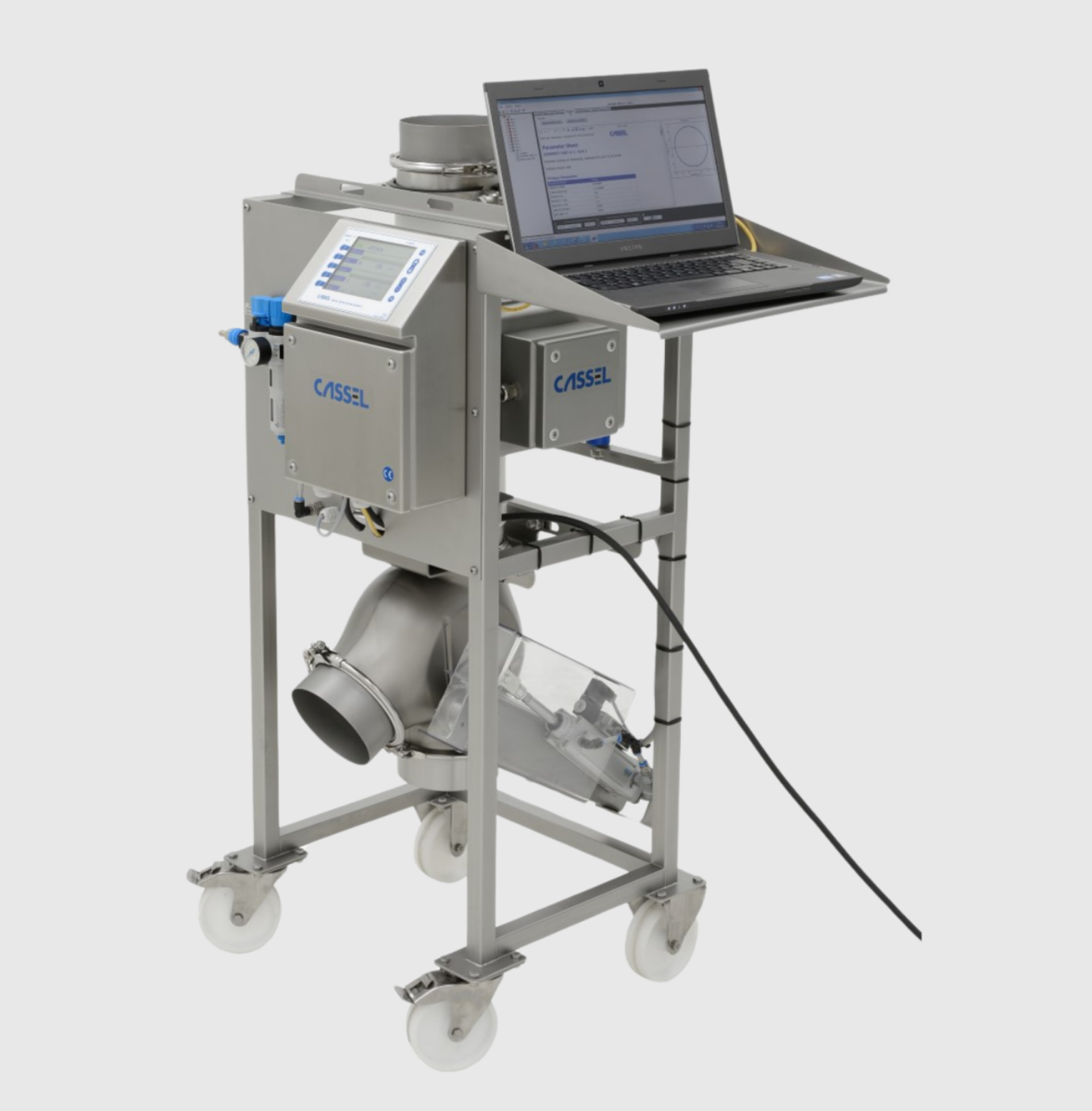 Custom Moveable Gravity Feed Metal Detector Mounded on a Free-Standing Cart Custom Moveable Gravity Feed Metal Detector Mounded on a Free-Standing Cart