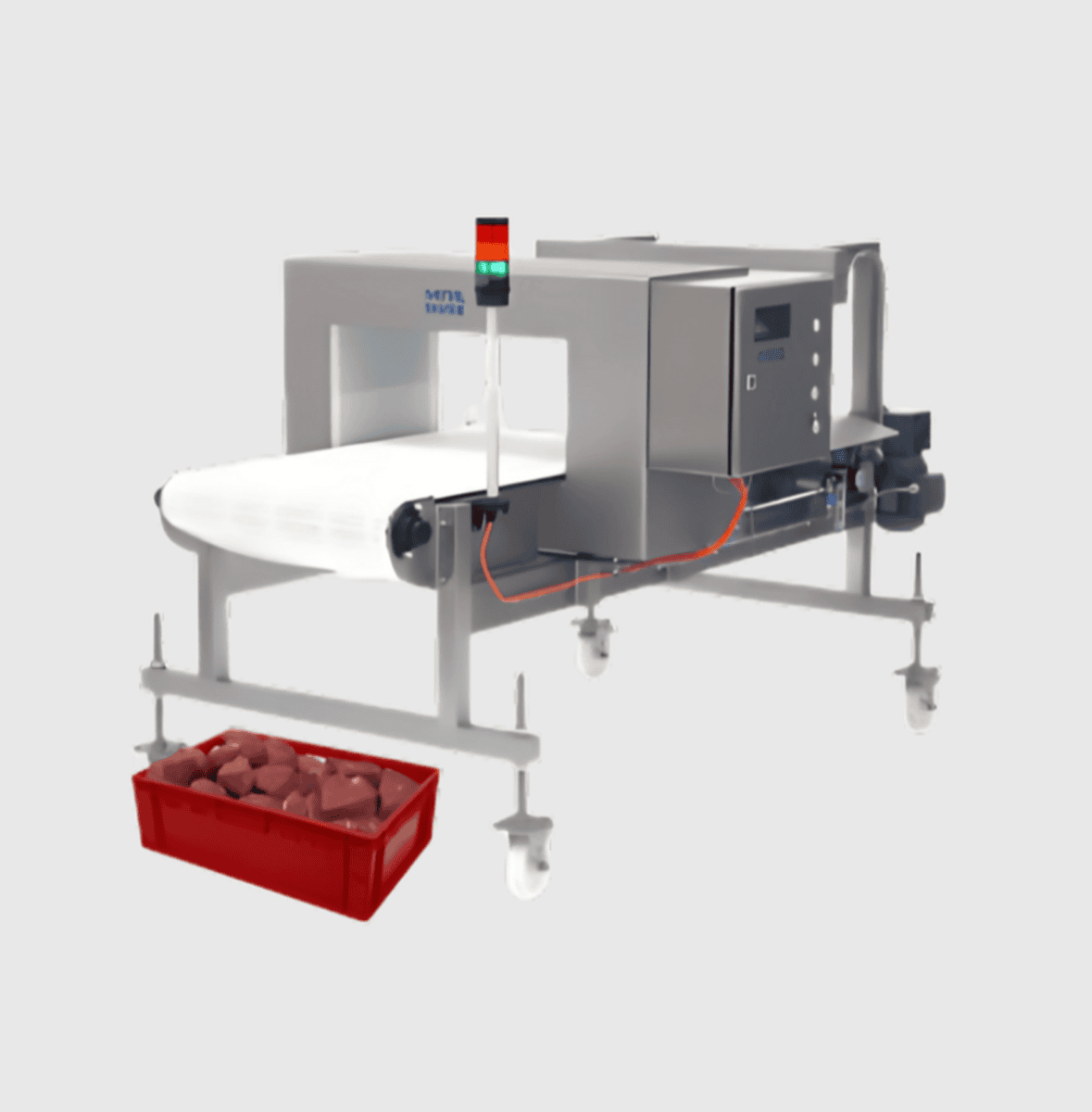 Metal Detector For Meat Integrated onto Conveyor Belt at Critical Metal Contamination Check Point Metal Detector For Meat Integrated onto Conveyor Belt at Critical Metal Contamination Check Point